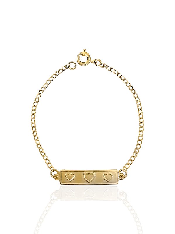 Pulseira Infantil Plaquinha com Corações 15cm - Banho de ouro 18k