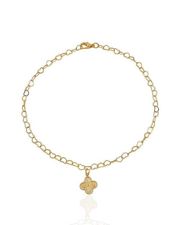 Tornozeleira Trevo Elo Coração 25cm - Banho de Ouro 18k