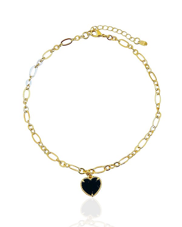 Tornozeleira Coração Preto Elo Intercalado 25cm - Banho de Ouro 18k