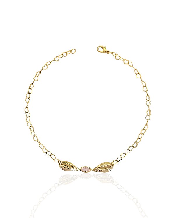 Tornozeleira Ponto de Luz Rosa Navete e Búzios Elo Coração 27cm - Banho de Ouro 18k