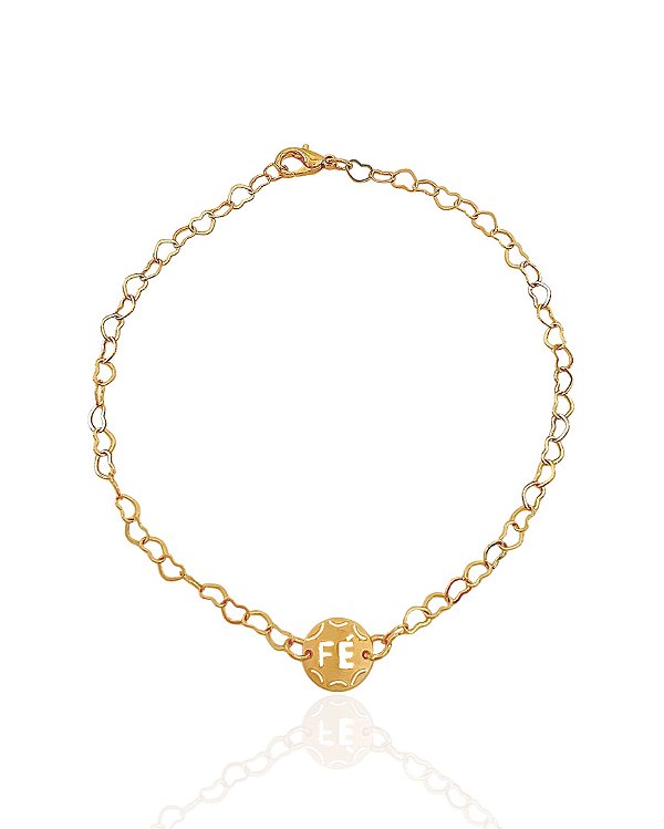 Tornozeleira Plaquinha Fé Vazada Elos de Coração 23cm - Banho de Ouro 18k