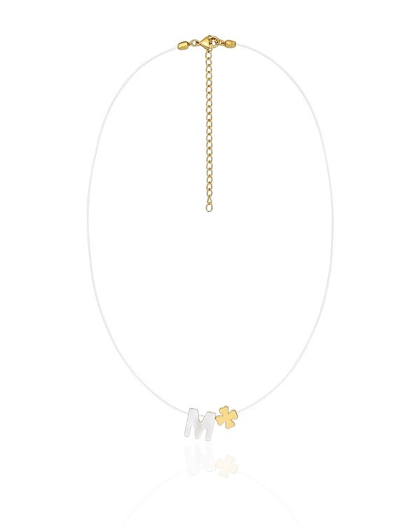 Colar Choker de Nylon c/ Letra Madrepérola e Trevo 35cm - Banho de Ouro 18k