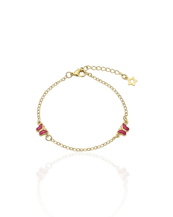 Pulseira Infantil 2 Borboletas Rosa 14cm - Banho de Ouro 18k