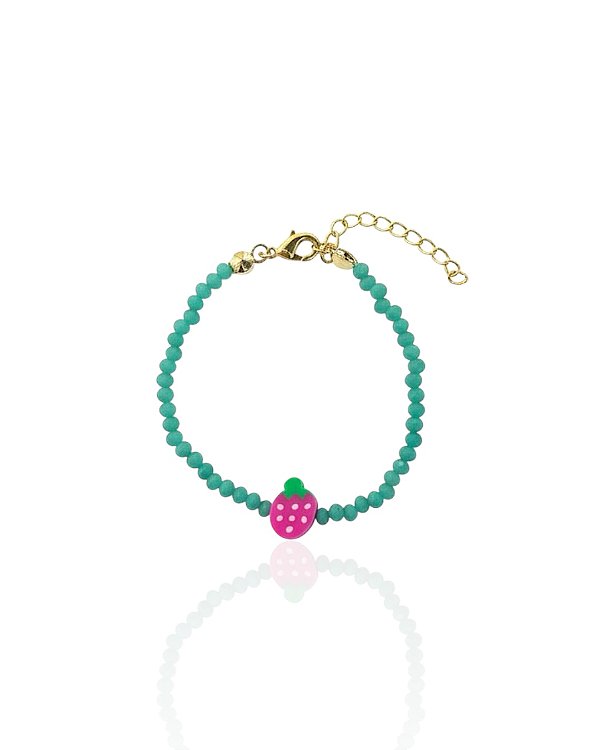 Pulseira Infantil Cristal Verde c/ Moranguinho 13cm - Banho de Ouro 18k