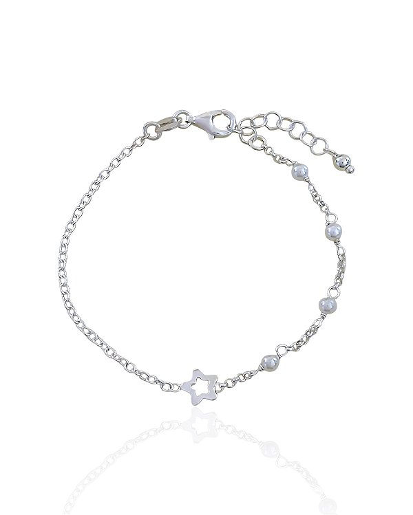 Pulseira Infantil Elo Português com Estrela e Perolas 14cm - Prata 925