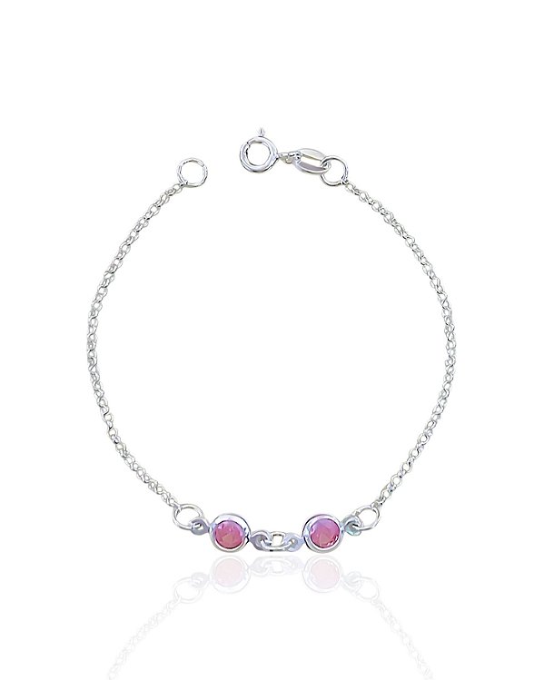 Pulseira Infantil 2 Zircônias Rosa Elo Português 18cm - Prata 925