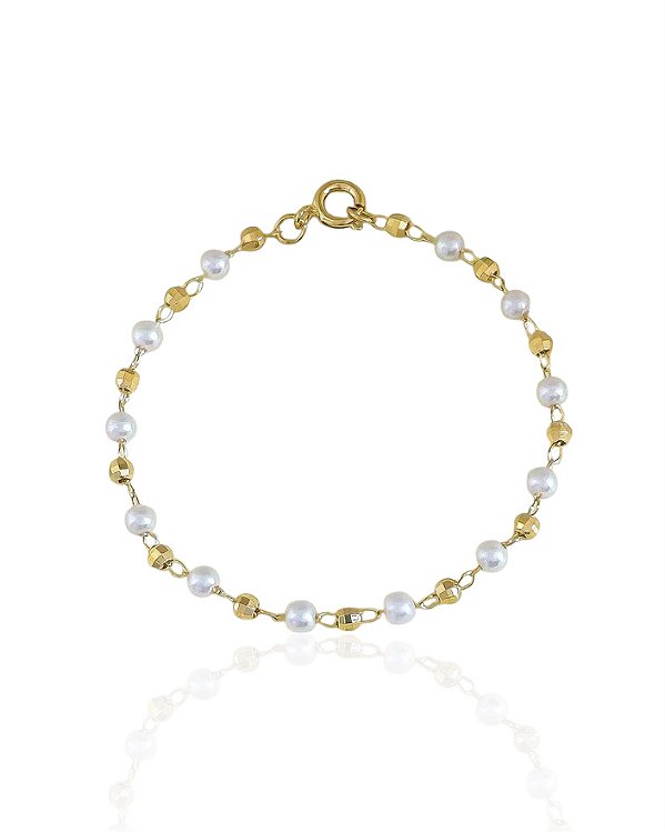 Pulseira Infantil Pérolas e Bolinhas Diamantadas 15cm - Banho de ouro 18k