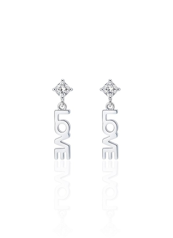 Brinco Ponto de Luz Zircônia c/ Pingente Love 1,8cm - Prata 925