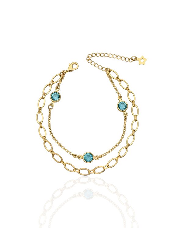 Pulseira Dupla Elos com Pontos de Luz Azul 17cm - Banho de Ouro 18k