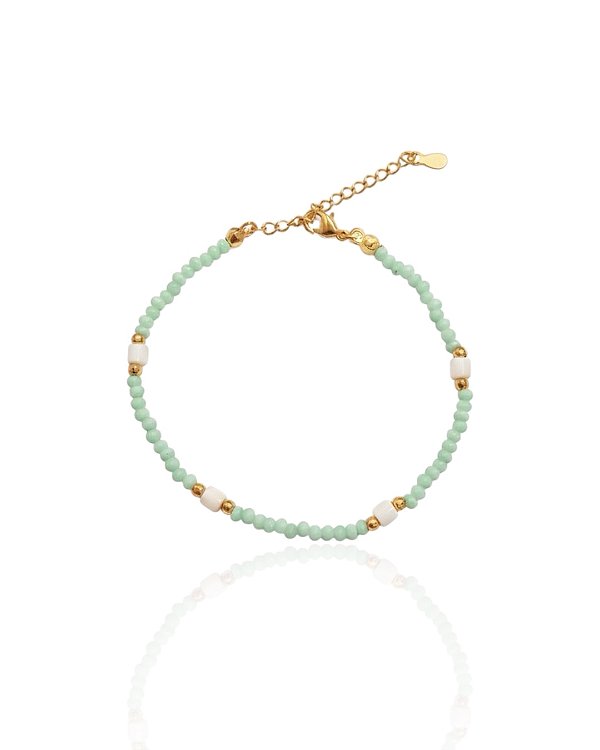 Pulseira Cristal verde c/ Pontos Madrepérola e Bolinhas 18cm - Banho de Ouro 18k