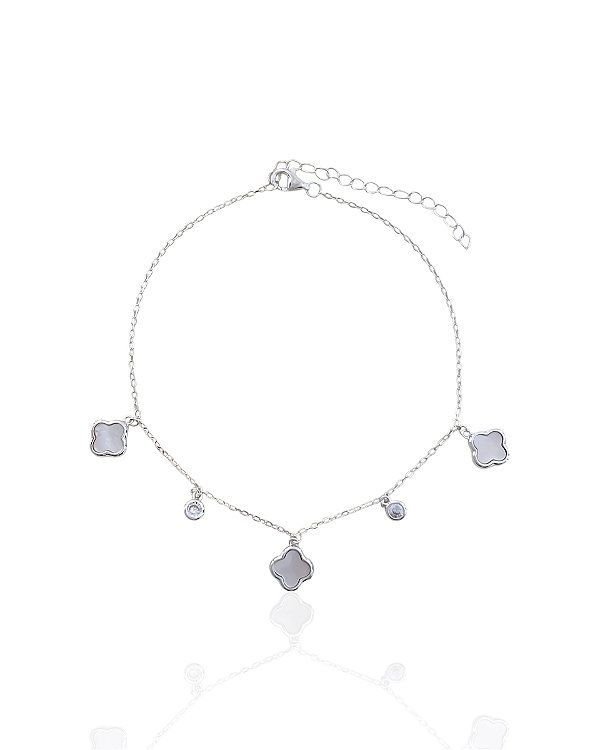 Tornozeleira 3 Trevos Madreperola e Zircônias Elo Cartier 22cm - Prata 925