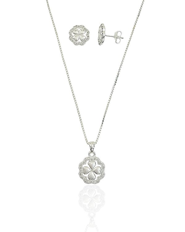 Conjunto Colar + Brinco Trevo Cravejado 45cm - Prata 925