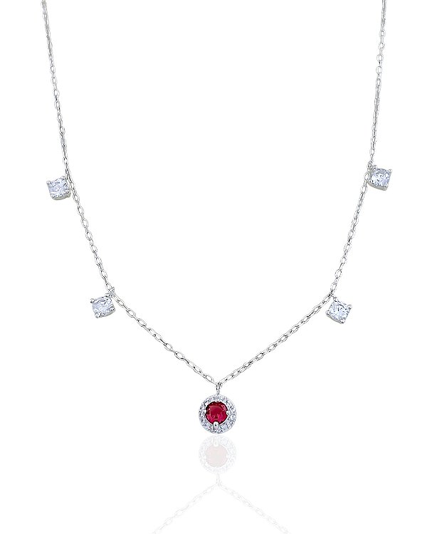 Colar Zircônia Pink Cravejada e 4 Ponto de Luz Elo Português 45cm - Prata 925