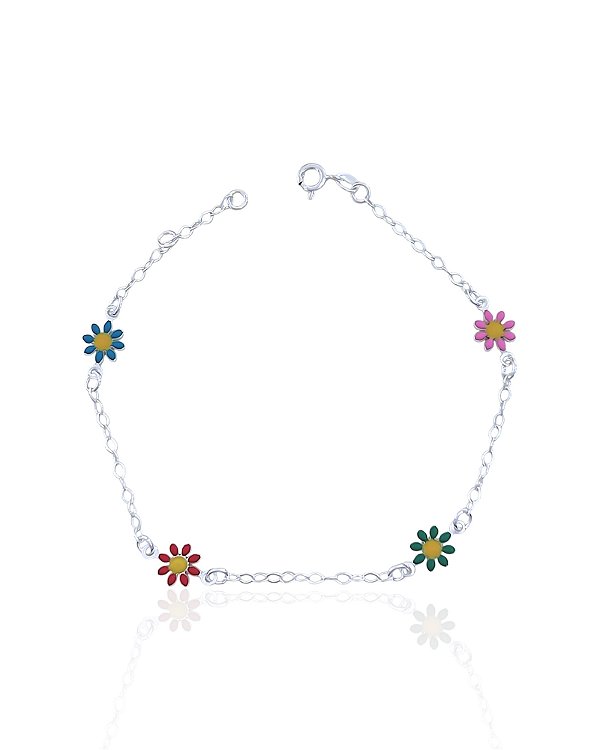 Pulseira 4 Flores Resina Colorida Elo Português 21cm - Prata 925