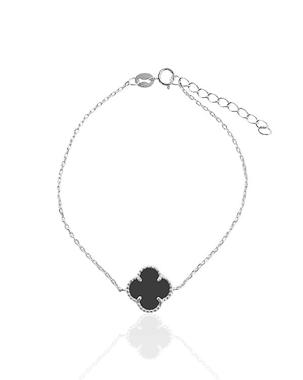 Pulseira Trevo Resina Preto Elo Cartier 17cm - Prata 925