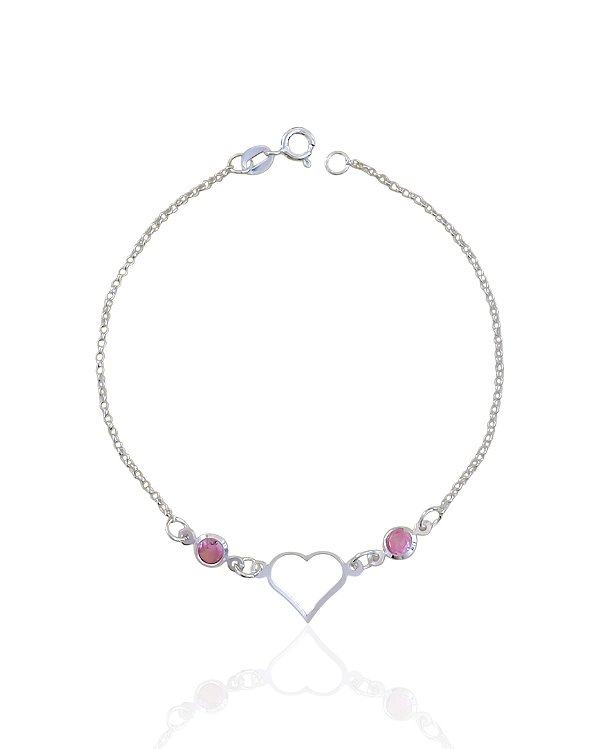 Pulseira Coração 2 Zircônias Rosa 18cm - Prata 925