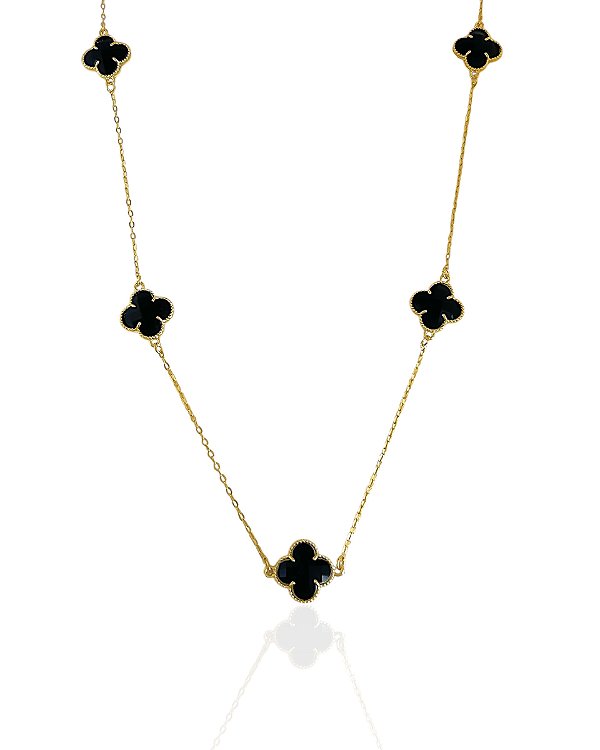 Colar Longo 5 Trevos Preto 60cm - Banho Ouro 18k