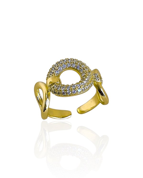 Anel Regulável Elos Vazados Cravejados com Zircônias Cristal - Banho de Ouro 18k
