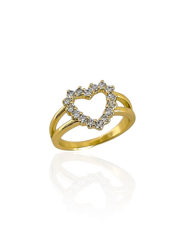 Anel Coração Vazado Cravejado com Zircônias Cristal - Banho de Ouro 18k