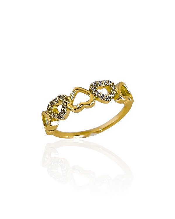 Anel Corações Vazados e Cravejados com Zircônias Cristal - Banho de Ouro 18k
