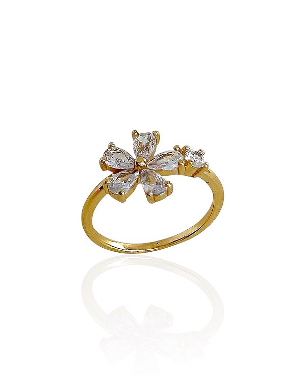 Anel Flor de Zircônia Cristal - Banho de Ouro 18k