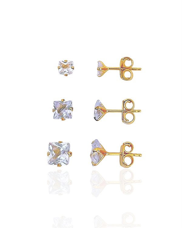 Brinco Trio Zircônia Quadrada - Banho de Ouro 18k