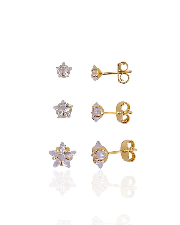 Brinco Trio Zircônia Estrela - Banho de Ouro 18k