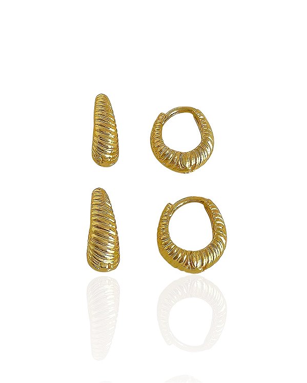 Brinco Duo Argolinha Riscada - Banho de Ouro 18k