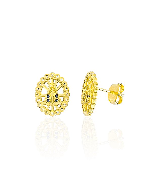 Brinco Nossa Senhora Oval Cravejado - Banho de Ouro 18k