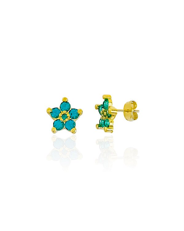 Brinco Flor Zircônia Azul - Banho de Ouro 18k