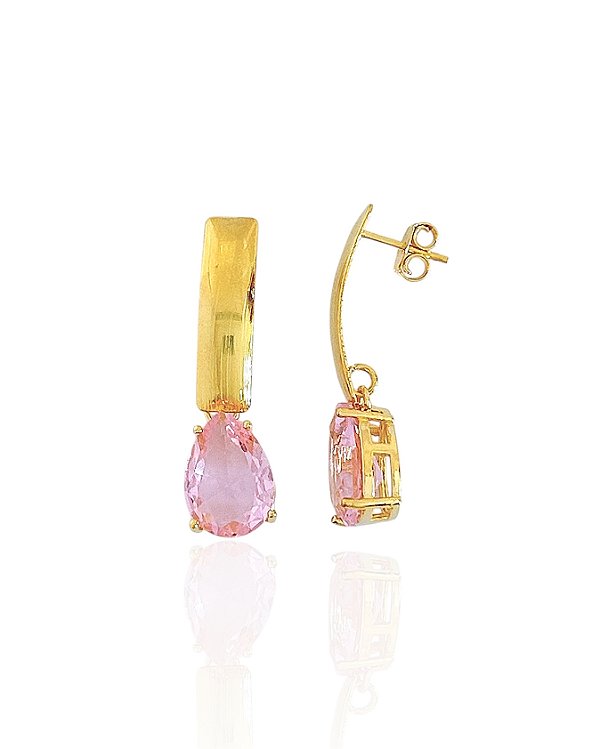 Brinco Base com Gota Zircônia Rosa - Banho de Ouro 18k