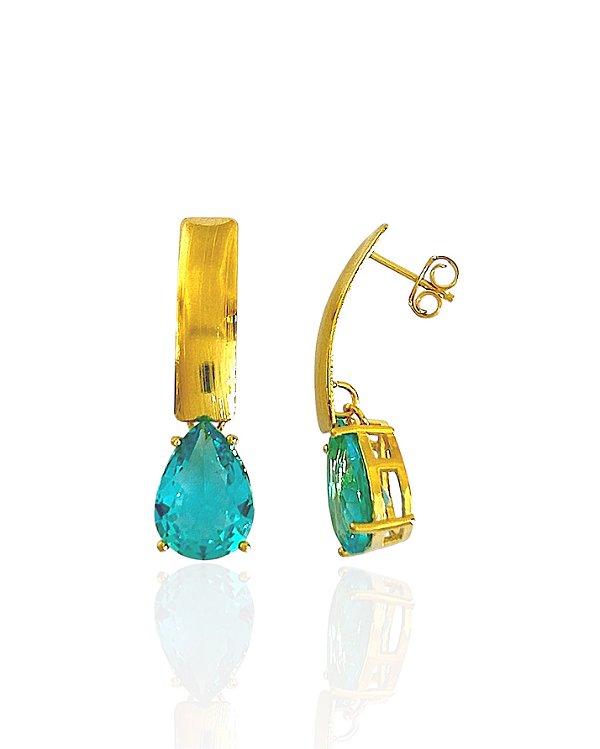Brinco Base com Gota Zircônia Azul - Banho de Ouro 18k