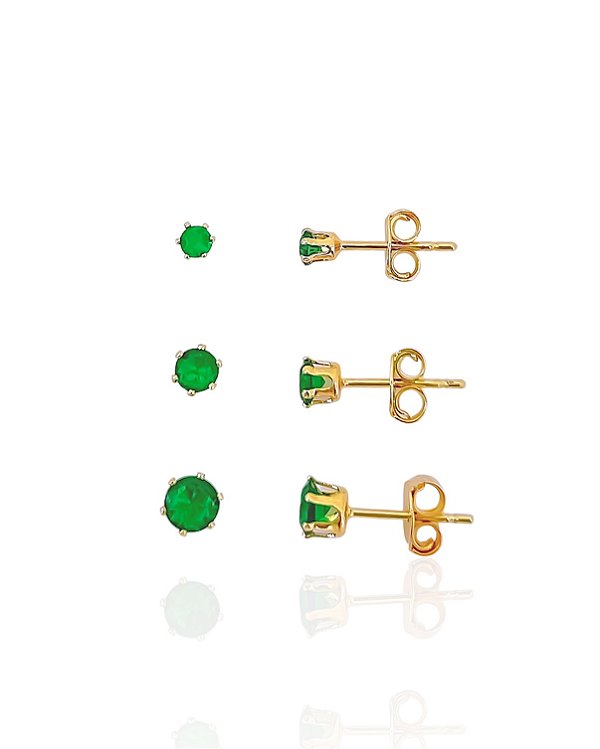 Brinco Trio Zircônia Redonda Verde - Banho de Ouro 18k