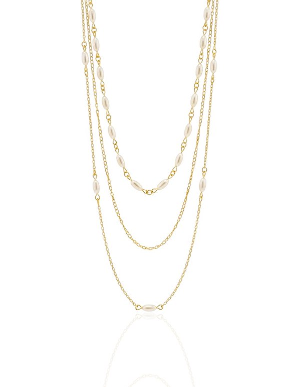 Colar Triplo com Pérolas 40/45/50cm - Banho de Ouro 18k