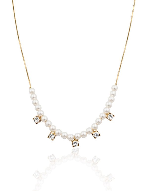 Colar Pérolas com 5 Pontos de Luz 45cm - Banho de Ouro 18k