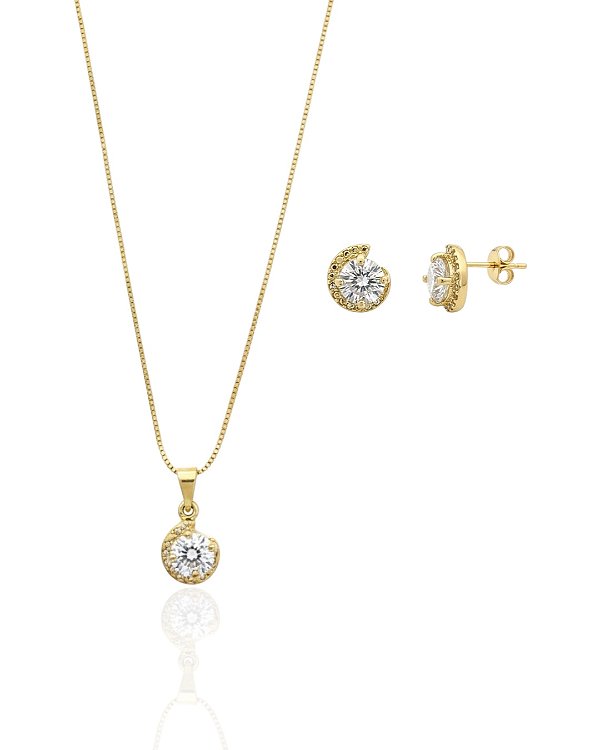 Conjunto Colar + Brinco Ponto de Luz c/ Borda - Banho de Ouro 18k