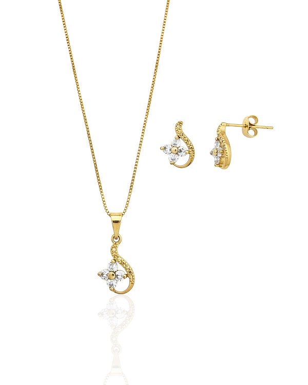 Conjunto Colar + Brinco Cacho de Flor - Banho de Ouro 18k