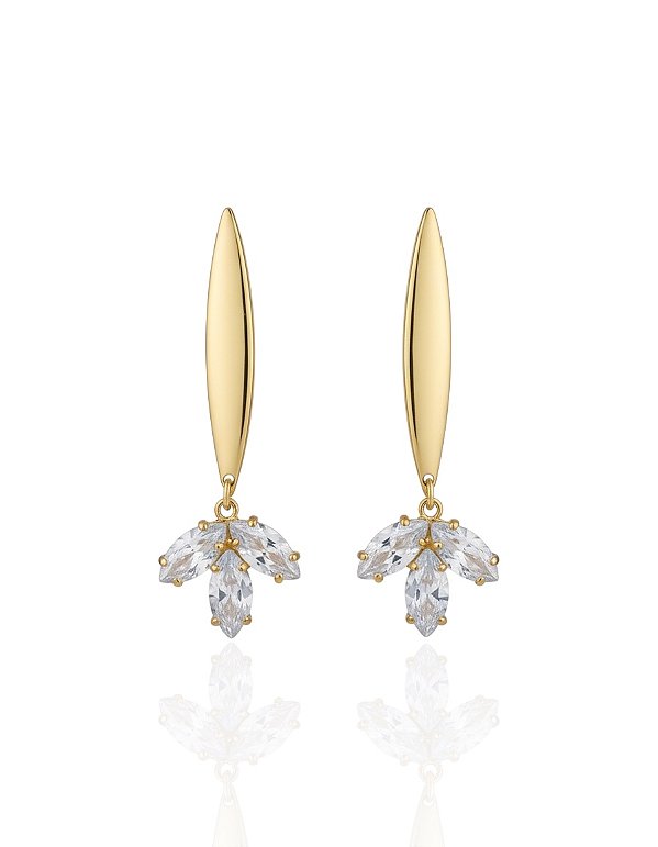 Brinco Base Navete c/ 3 Zircônia Navete 5cm - Banho de Ouro 18k