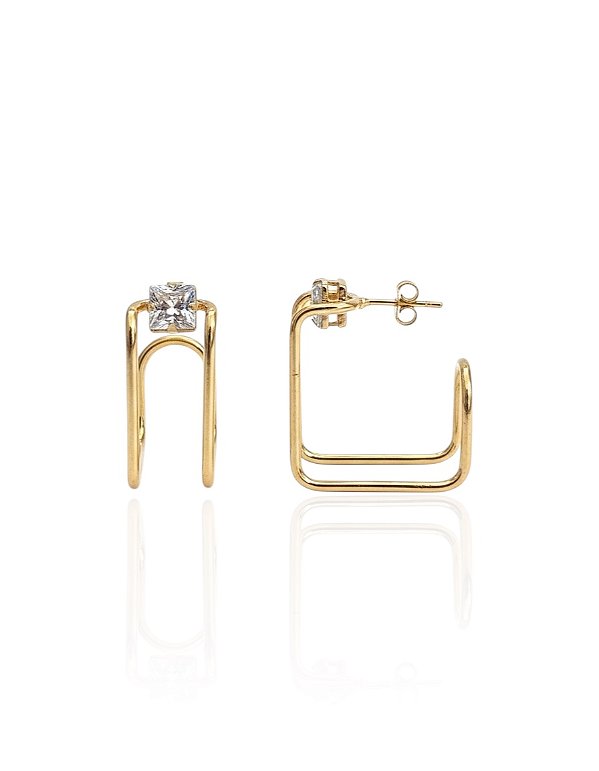 Brinco Argola Quadrada Dupla c/ Zircônia 2,5cm - Banho de Ouro 18k