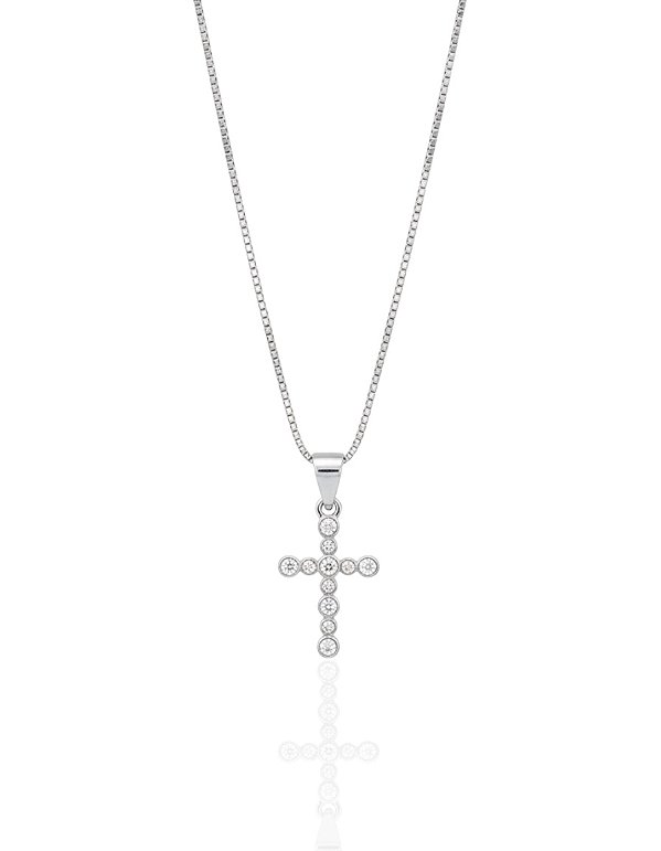 Colar Cruz Cravejada c/ Banho de Ródio 45cm - Prata 925
