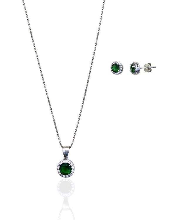 Conjunto Colar + Brinco Zircônia Verde Esmeralda - Prata 925