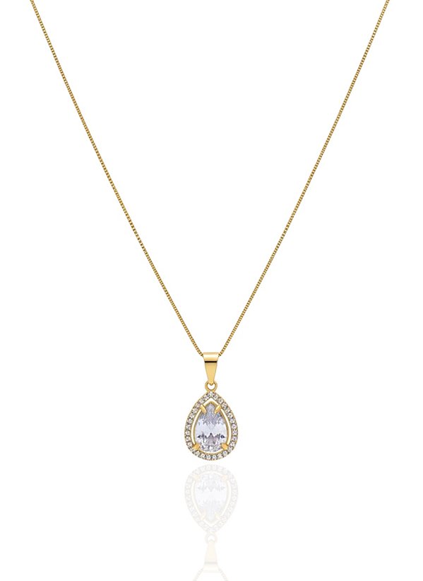 Colar Gota Zircônia Cristal com Borda Cravejada - Banho de Ouro 18k