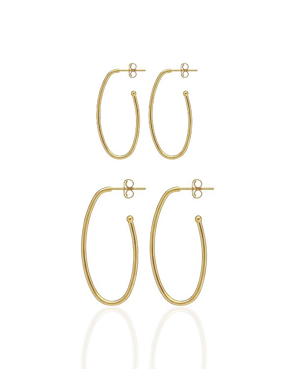 Brinco Duo de Argolas Ovais Lisas - Banho de Ouro 18k