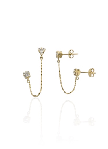 Brinco Duplo com Corrente e Pontos de Luz - Banho de Ouro 18k