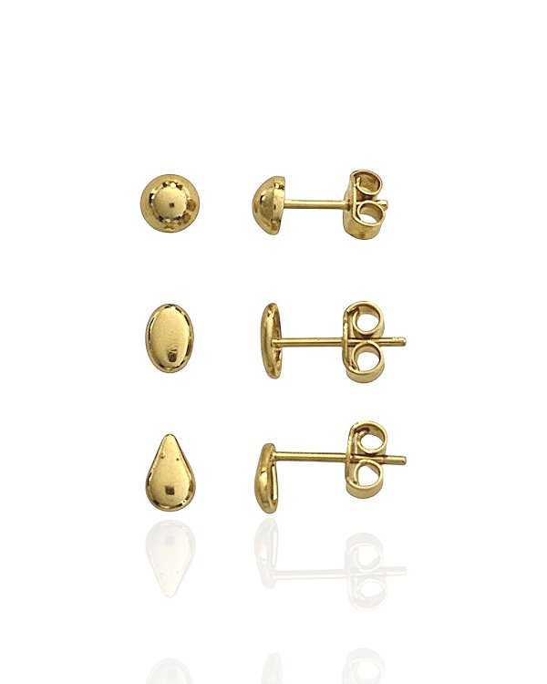 Brinco Trio Meia Bola, Oval e Gota - Banho de Ouro 18k