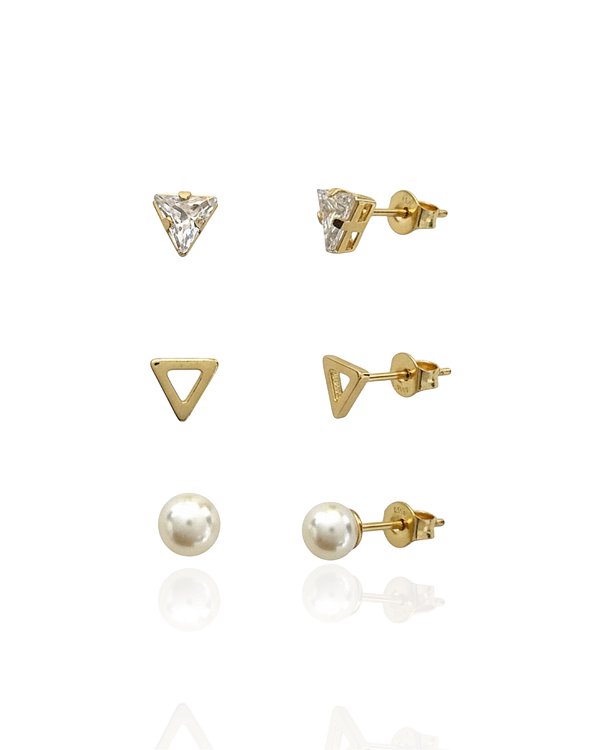 Brinco Trio Triângulo Zircônia, Triângulo Vazado e Pérola - Banho de Ouro 18k