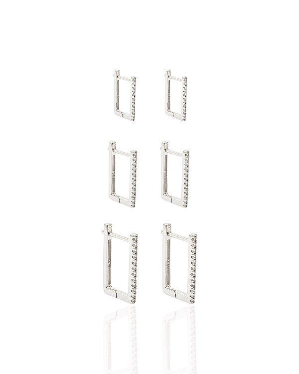 Brinco Trio Argolinha Quadrada Cravejada - Prata 925