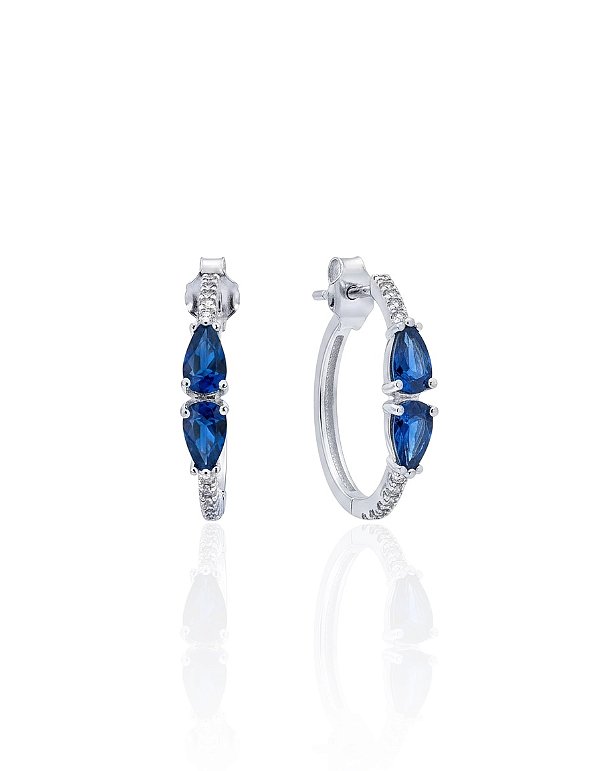 Brinco Argolinha Cravejada c/ 2 Zircônias Gota Azul 1,6cm - Prata 925