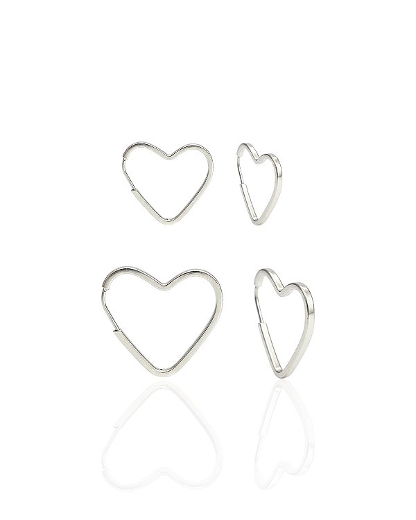 Brinco Duo de Argola Coração Encaixe - Prata 925