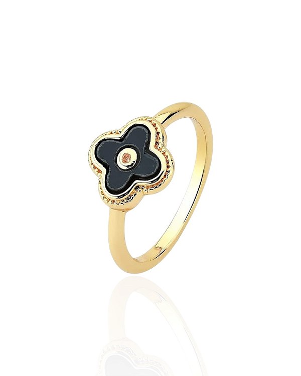 Anel Trevo Resina Preta - Banho de Ouro 18k